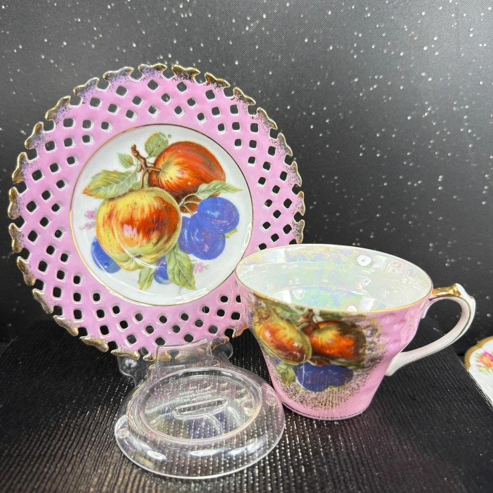 Royal Halsey Very Fine Pink Fruit Reticulated Tea Cup and Saucer Set Gold Gilt